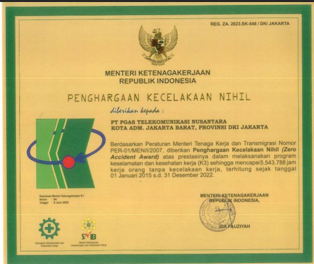 PGNCOM Achieved Zero Work Accident Award, 6 times in a row